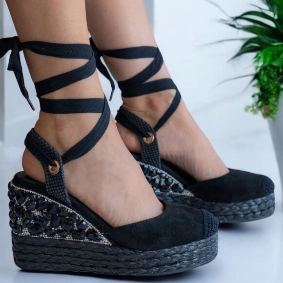 Wholesale Women's Sandals Espadrille Platform Gems Rhinestones Lace Up Sandals - Picture 1 of 3